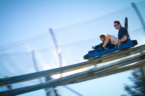 A man and a child ride a roller coaster on a sunny day, with a blurred background suggesting speed.