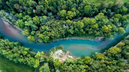 Aerial view of a winding river surrounded by lush green trees and a sandy bank.