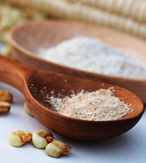 A wooden spoon filled with fine flour, with a bowl of flour and grains in the background.