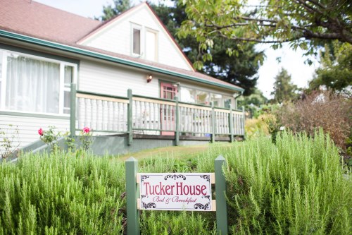 A charming bed and breakfast, Tucker House, with a welcoming porch and lush greenery in front.