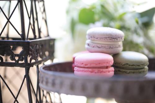 A close-up of colorful macarons on a decorative tray, with greenery in the background.