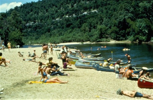A sunny beach scene with people sunbathing, swimming, and kayaking along a river surrounded by lush greenery.