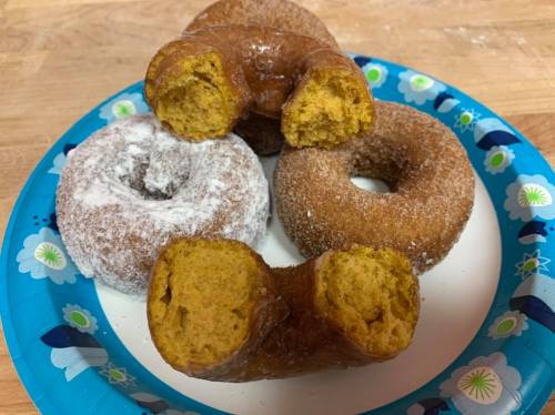 A plate of assorted donuts, including powdered and cinnamon-sugar varieties, with some partially bitten.