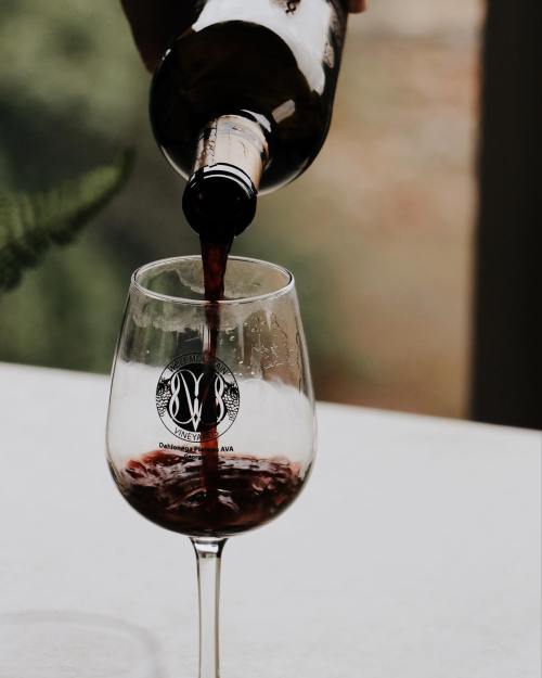 A hand pours red wine from a bottle into a glass with a logo, set against a blurred background.
