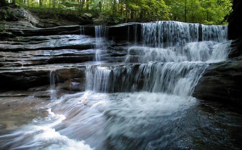 A serene waterfall cascading over rocky ledges, surrounded by lush green trees in a tranquil forest setting.