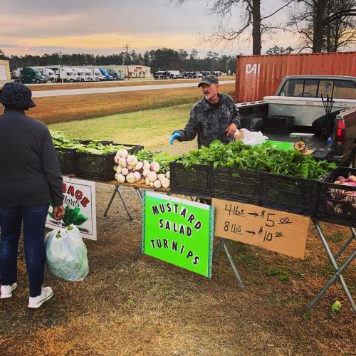 A farmer sells mustard greens and turnips at a roadside market, with a customer browsing the produce.