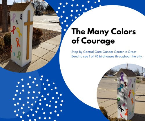 Colorful birdhouse with ribbons, promoting cancer awareness, located at Central Care Cancer Center in Great Bend.