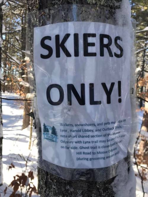 Sign on a tree reads "SKIERS ONLY!" with instructions for walkers and pets to stay off certain trails. Snowy background.
