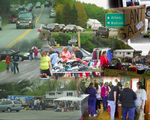A collage of a busy road, a yard sale with people browsing, and a sign pointing to Athens and Madison.