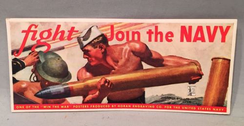 Vintage poster promoting Navy enlistment, featuring a soldier and a large shell, with bold text: "Fight Join the Navy."