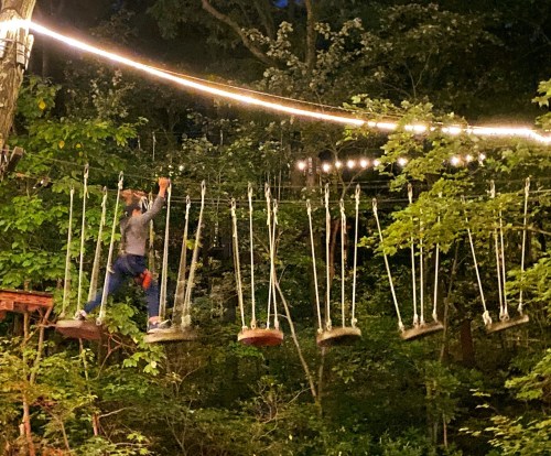 A person navigates a rope bridge with swings, surrounded by trees and soft lights at dusk.