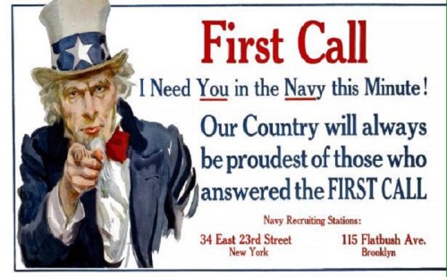 Vintage recruitment poster featuring Uncle Sam urging enlistment in the Navy, with text about pride in service.