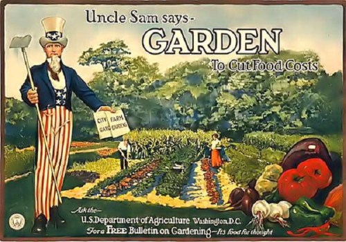 Vintage poster of Uncle Sam promoting home gardening to reduce food costs, featuring a vibrant garden scene.