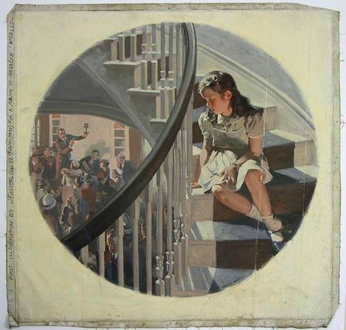 A girl sits on a staircase, observing a crowd below, captured in a circular frame with soft lighting and detailed expressions.