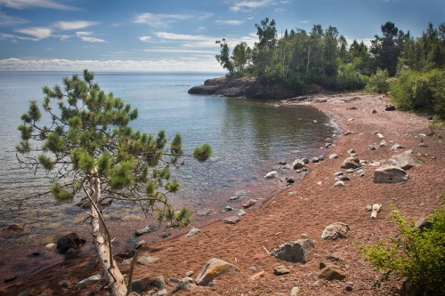 A serene lakeshore with a rocky beach, surrounded by trees and calm water under a blue sky.