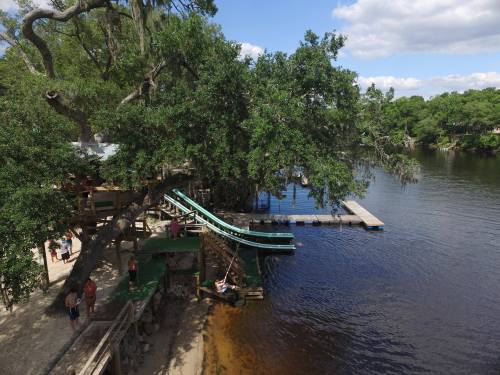 A scenic river view with a wooden dock, a slide, and people enjoying the outdoors under large trees.