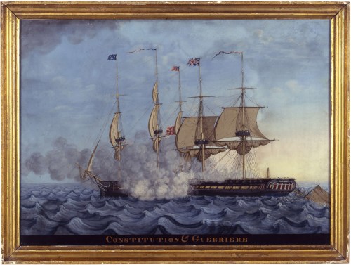 Painting of the USS Constitution and HMS Guerriere in battle at sea, with smoke and flags flying from the ships.