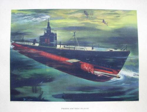 A colorful illustration of a submarine, titled "Pride of the Fleet," navigating through turbulent waters.