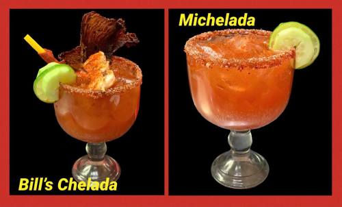 A side-by-side comparison of Bill's Chelada and a Michelada, both garnished with lime and spices.