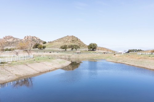A serene landscape featuring a calm pond, rolling hills, and trees under a clear blue sky.