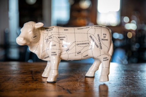 A ceramic cow figurine labeled with various cuts of beef, displayed on a wooden table.