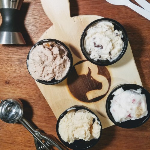 Four ice cream cups on a wooden board, with an ice cream scoop beside them. Flavors include chocolate and vanilla.