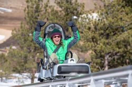 A person in a green jacket joyfully rides a mountain coaster, raising their arms in excitement against a natural backdrop.