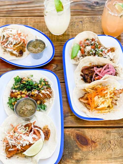 A vibrant spread of tacos on plates, featuring various toppings, alongside refreshing cocktails on a wooden table.