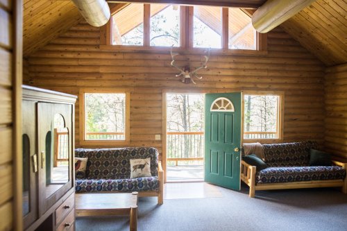 Cozy cabin interior with wooden walls, large windows, green door, and rustic furniture. Natural light fills the space.
