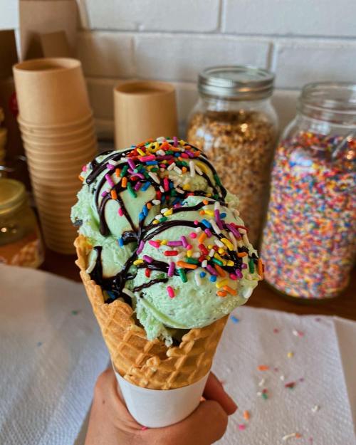 A hand holding a waffle cone with two scoops of mint ice cream topped with chocolate sauce and colorful sprinkles.