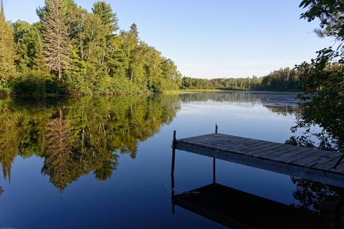 A serene lake scene with a wooden dock, surrounded by lush green trees and reflecting calm water under a clear sky.
