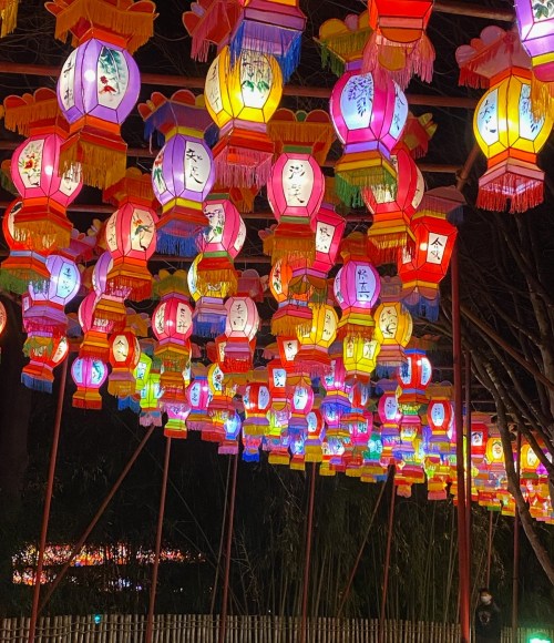 Colorful lanterns hanging in a festive display, illuminating a night scene with vibrant hues and intricate designs.