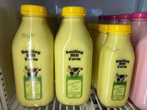 Three yellow-lidded milk bottles labeled "Smiling Hill Farm" on a shelf, with a cow graphic and "Fresh From Farm To You."