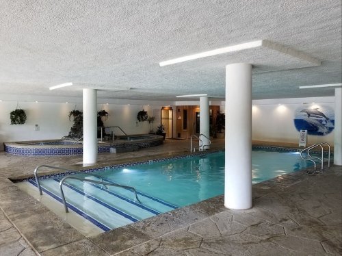 Indoor swimming pool area with two pools, a hot tub, and decorative plants. Brightly lit with a textured ceiling.