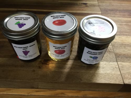 Three jars of jelly labeled grape, apple, and blueberry, sitting on a wooden surface.