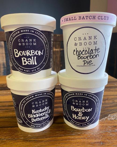 Four ice cream containers from Crank & Boom: Bourbon Ball, Chocolate Bourbon Pie, Kentucky Blackberry Buttermilk, and Bourbon & Honey.