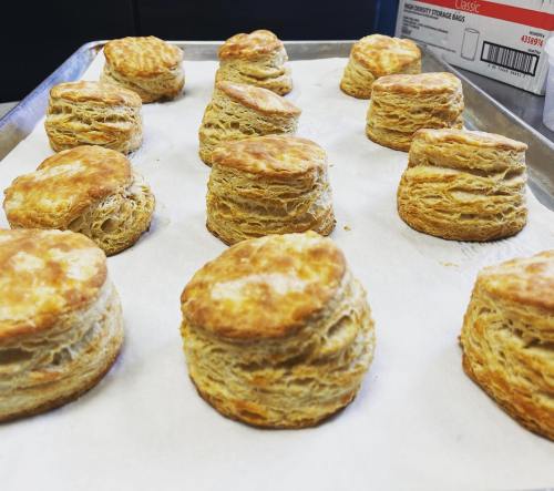 Freshly baked golden biscuits arranged on a baking sheet lined with parchment paper.