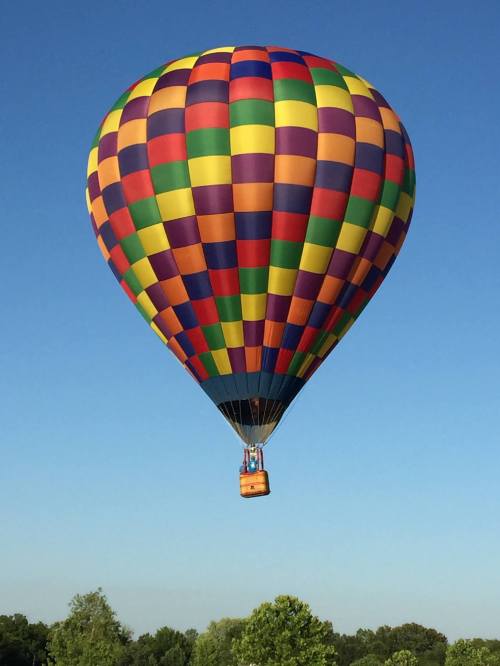 A colorful hot air balloon with a checkered pattern floats against a clear blue sky, surrounded by green trees.