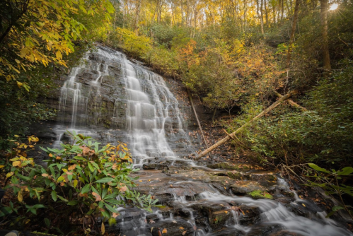 A serene waterfall cascades over rocks, surrounded by vibrant autumn foliage and lush greenery.
