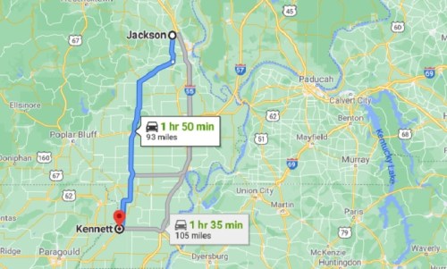 Map showing driving routes from Kennett to Jackson, with distances and estimated travel times.