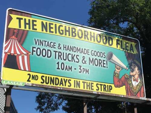 Colorful sign for "The Neighborhood Flea" featuring vintage goods, food trucks, and a time of 10am-3pm on 2nd Sundays.