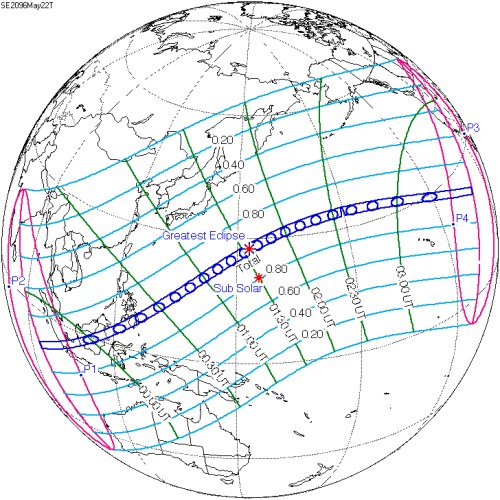 Map showing the path of a solar eclipse, with lines indicating the greatest eclipse and sub-solar point over the Pacific.
