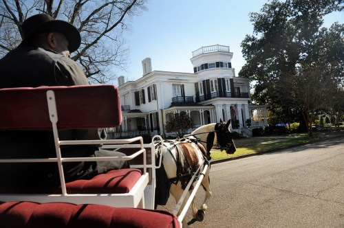 A person in a carriage rides past a large white historic house on a sunny day.
