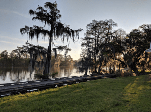 A serene river scene with moss-covered trees and a wooden dock, reflecting the soft light of sunset.