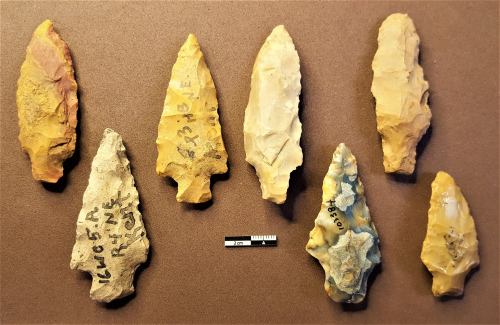 A collection of eight stone arrowheads displayed on a brown background, with a scale for size reference.