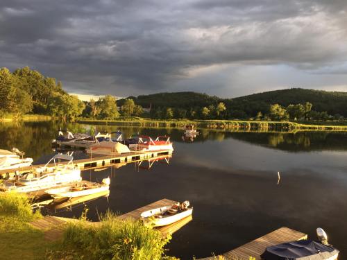 A serene lake scene with boats docked, surrounded by lush greenery and dark, cloudy skies reflecting on the water.