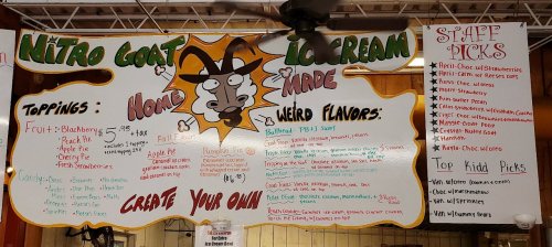 Colorful menu board for Nitro Goat Ice Cream, featuring unique flavors, toppings, and staff picks. Fun, cartoonish design.
