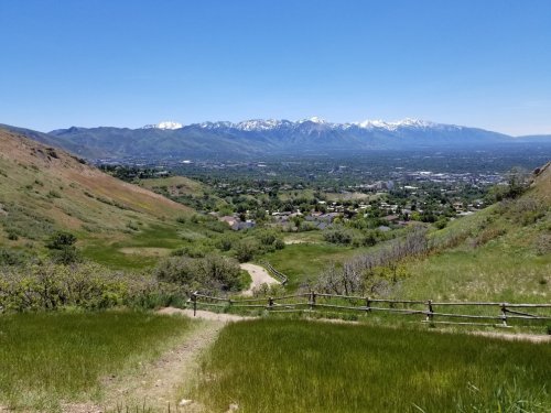 A scenic view of a valley with green hills, a winding path, and snow-capped mountains in the distance under a clear blue sky.