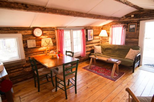 Cozy cabin interior with wooden walls, a dining table, green sofa, and warm lighting. Red checkered curtains add charm.