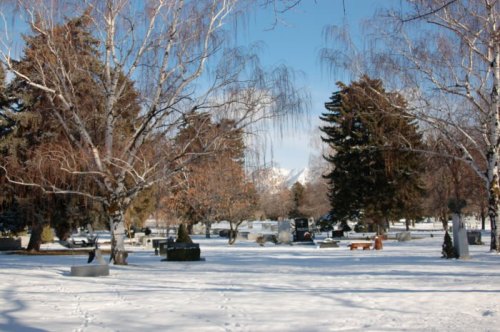 A snowy cemetery scene with bare trees, gravestones, and distant mountains under a clear blue sky.